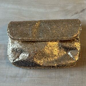 J Crew Gold Glitter Clutch Long Chain Evening Party Purse Bag